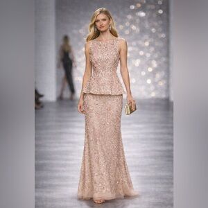Adrianna Papell Size 4 NWT Champagne Blush Beaded Peplum Evening Gown Formal MOB